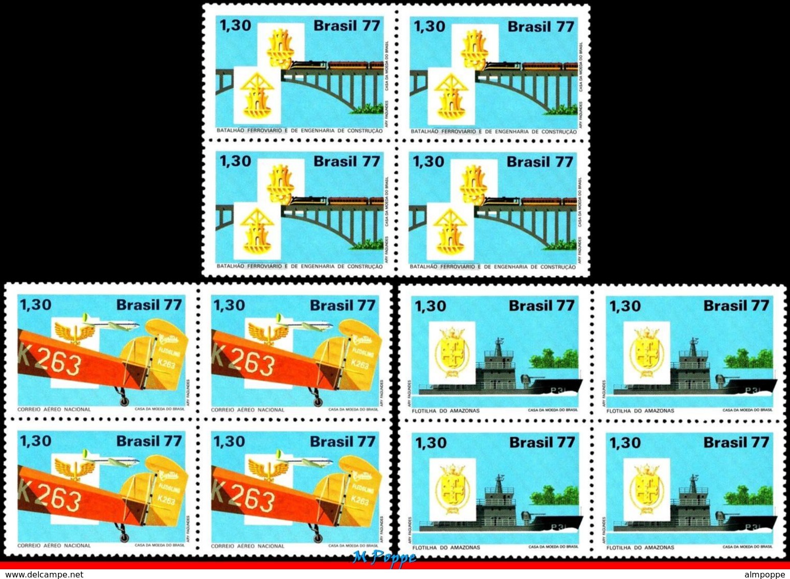 Ref. BR-1541-43-Q BRAZIL 1977 SHIPS, BOATS, MILITARISM,BRIDGE,PLANES, AVIATION,MI#1633-35,BLOCK MNH 12V Sc# 1541-1543 - Blocks & Kleinbögen