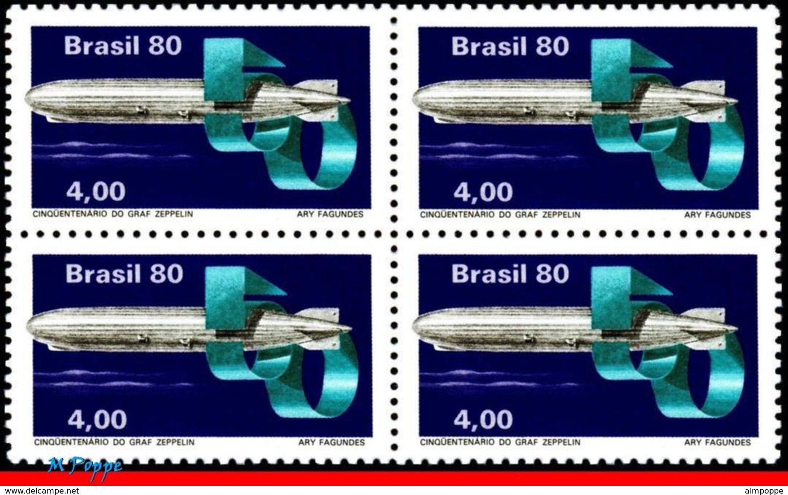 Ref. BR-1694-Q BRAZIL 1980 PLANES, AVIATION, GRAF ZEPPELIN, ATLANTIC, CROSSING, MI# 1768, BLOCK MNH 4V Sc# 1694 - Zeppeline