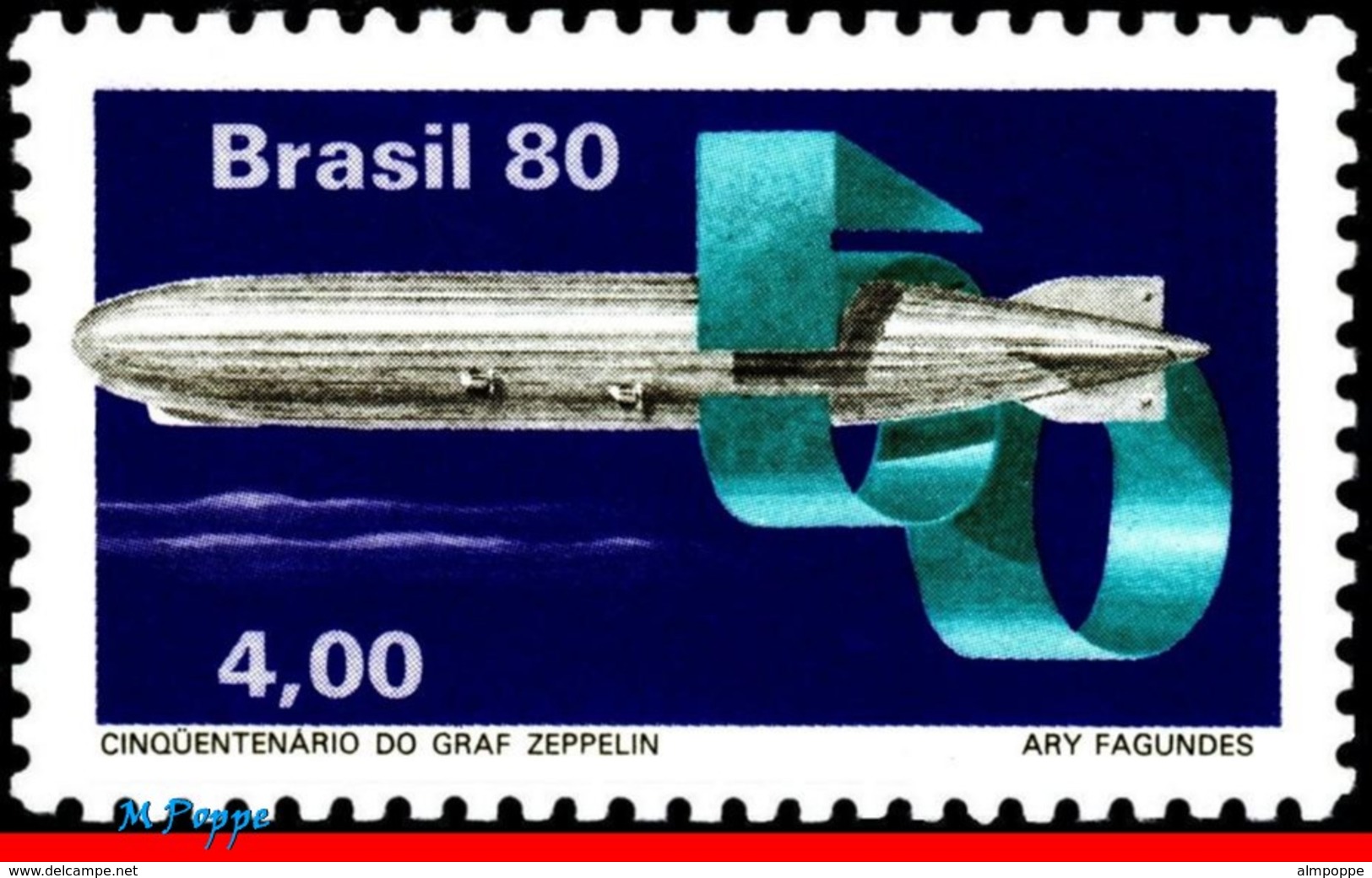 Ref. BR-1694-Q BRAZIL 1980 PLANES, AVIATION, GRAF ZEPPELIN, ATLANTIC, CROSSING, MI# 1768, BLOCK MNH 4V Sc# 1694 - Zeppeline
