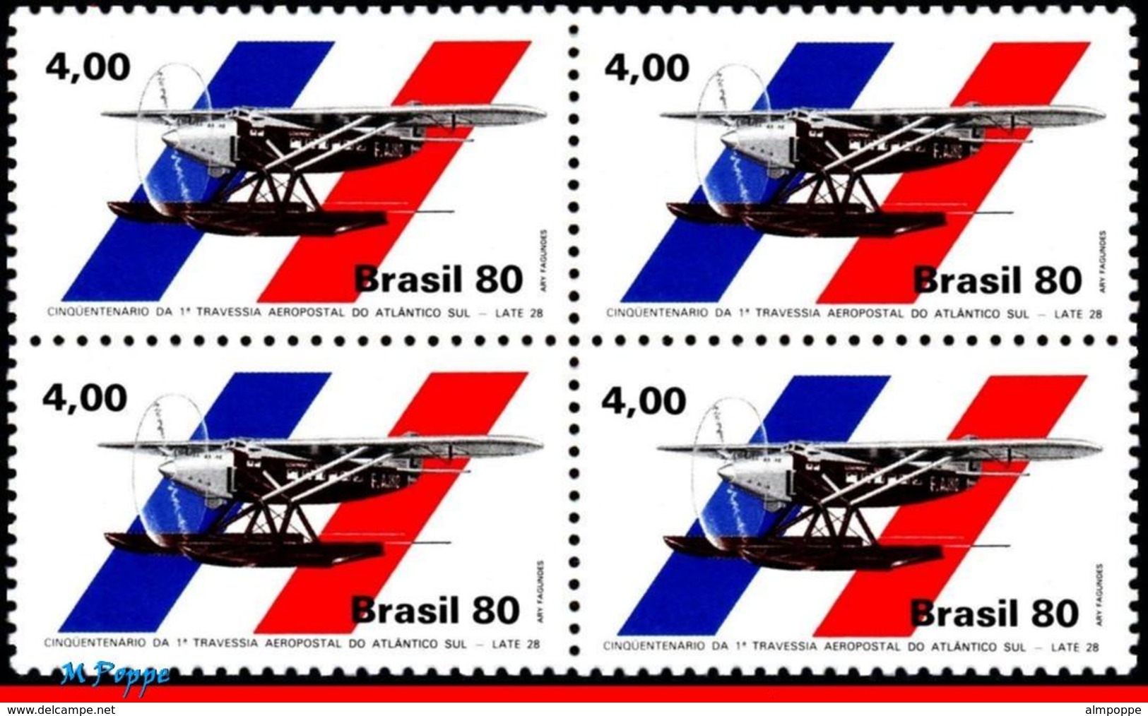 Ref. BR-1700-Q BRAZIL 1980 PLANES, AVIATION, SOUTH ATLANTIC CROSSING,, 1ST AIRMAIL FLIGHT,MI#1769,BLO MNH 4V Sc# 1700 - Flugzeuge