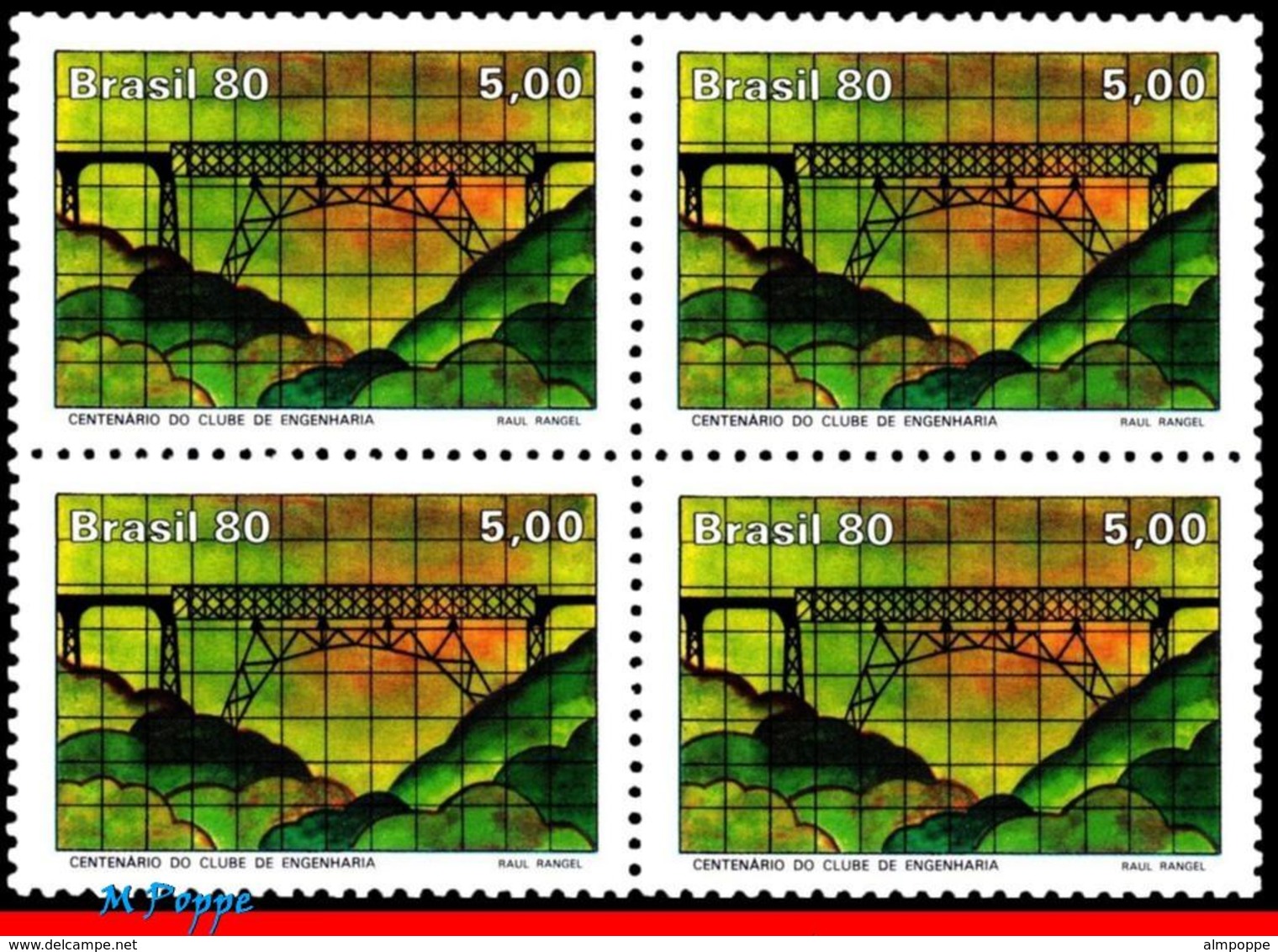 Ref. BR-1722-Q BRAZIL 1980 - ENGINEERING CLUB, CENT.,, BRIDGE, VIADUCT, BLOCK MNH, ARCHITECTURE 4V Sc# 1722 - Bridges