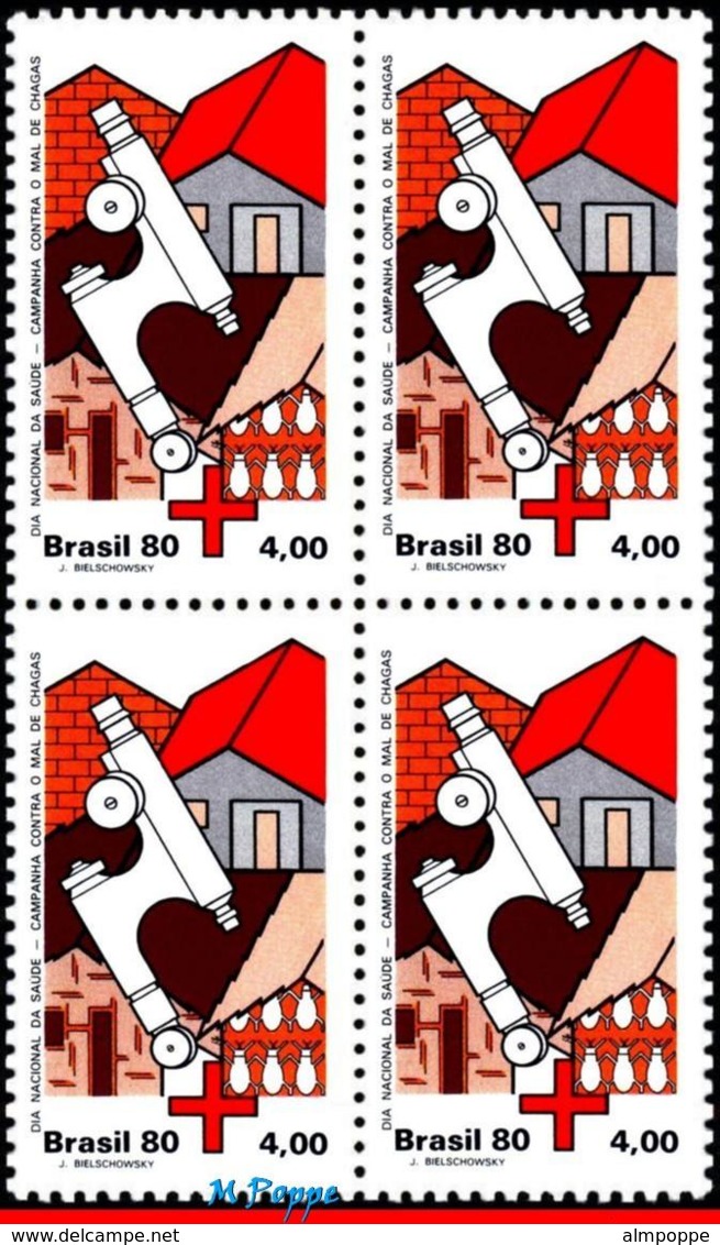 Ref. BR-1708-Q BRAZIL 1980 HEALTH, RED CROSS, CHAGAS DISEASE, , MICROSCOPE, INSECTS,MI# 1782,BLOCK MNH 4V Sc# 1708 - Rotes Kreuz