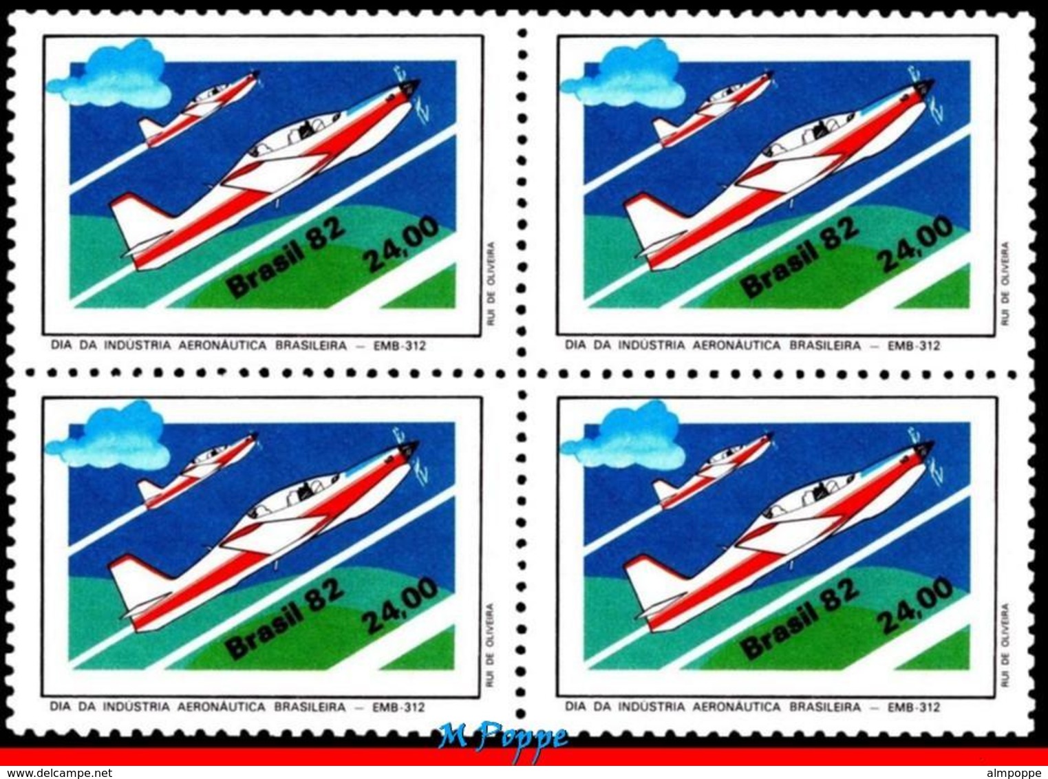 Ref. BR-1823-Q BRAZIL 1982 PLANES, AVIATION, AVIATION INDUSTRY DAY,, EMBRAER EMB-312, MI# 1930, BLOCK MNH 4V Sc# 1823 - Blocks & Kleinbögen