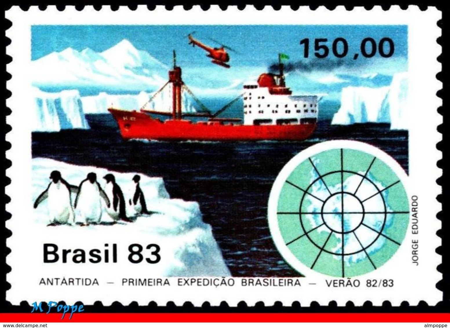 Ref. BR-1845 BRAZIL 1983 SHIPS, BOATS, ANTARCTIC, 1ST BRAZILIAN, EXPEDITION, PENGUIN, HELICOPTERS, MNH 1V Sc# 1845 - Antarctic Expeditions