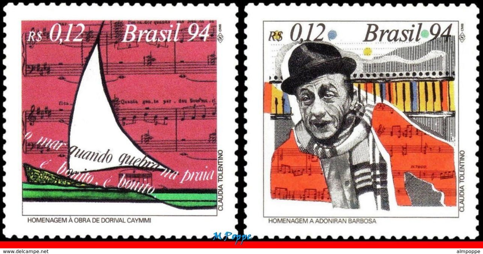 Ref. BR-2521-22 BRAZIL 1994 MUSIC, POPULAR MUSIC, DORIVAL, CAYMMI, ADONIRAN BARBOSA,MI#2627-28 MNH 2V Sc# 2521-2522 - Unused Stamps