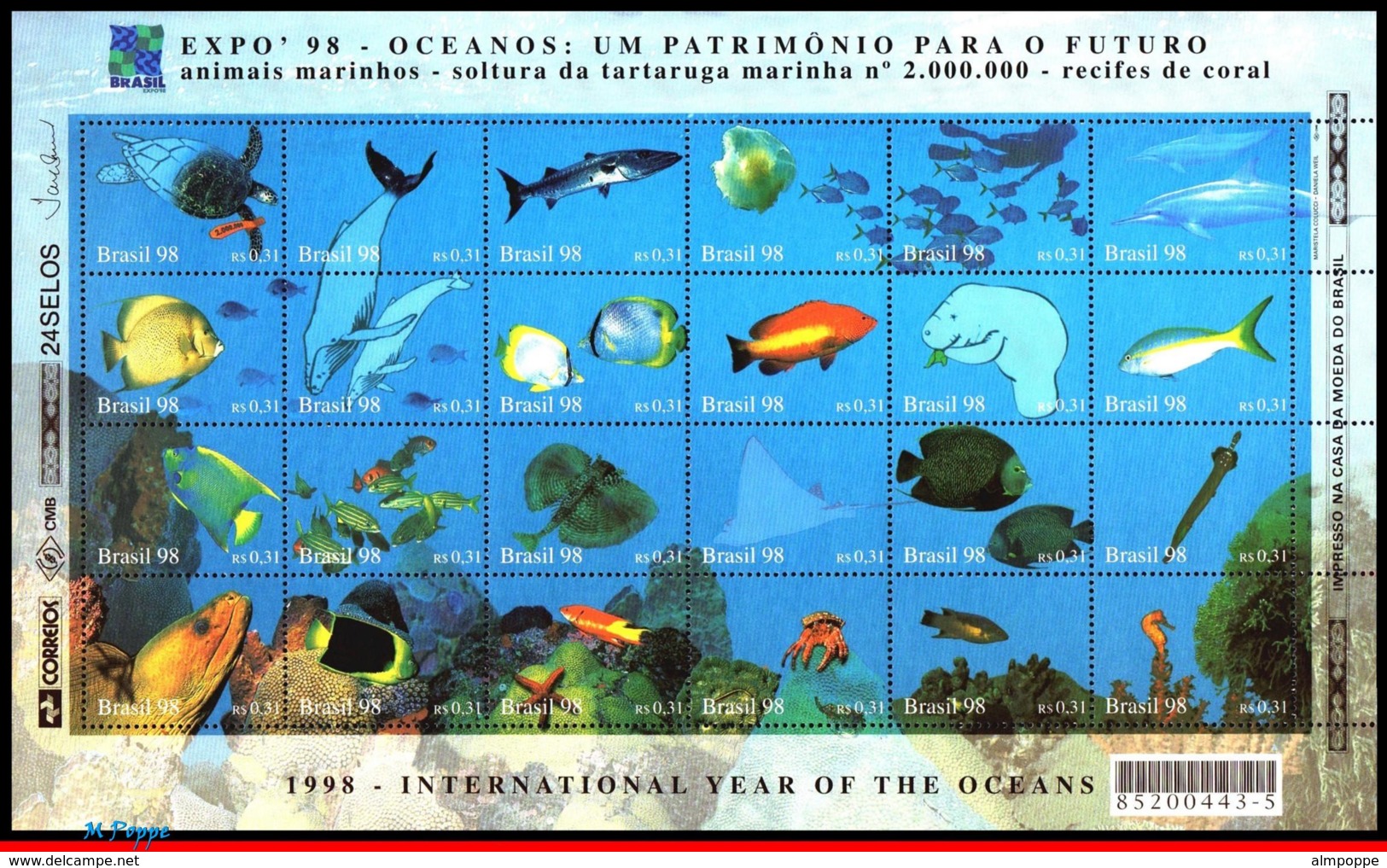 Ref. BR-2674 BRAZIL 1998 FISH, INTL.YEAR OF THE OCEANS,, TURTLES, MI# 2826-49, SHEET MNH 24V Sc# 2674 - Poissons