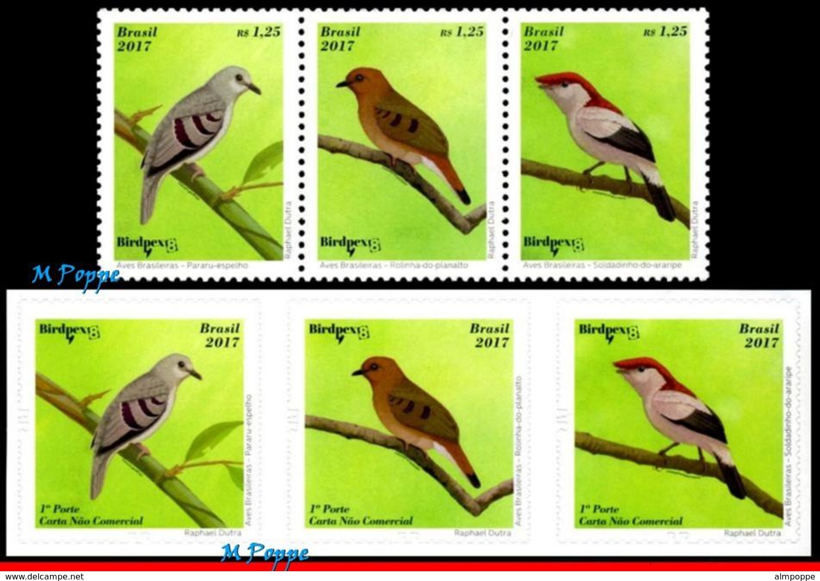 Ref. BR-V2017-04-3 BRAZIL 2017 BIRDS, BRAZILIAN BIRDS,BIRDPEX 8, , ENDANGERED, SET AND SELF-ADHESIVE MNH 6V - Nuevos