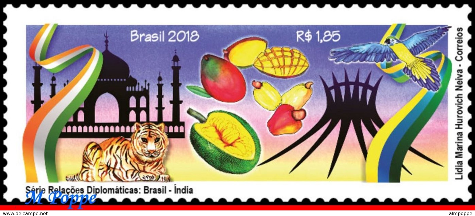 Ref. BR-V2018-07-1 BRAZIL 2018 RELATIONSHIP, WITH INDIA, ARCHITECTURE,, TIGER, BIRDS, FRUITS, MNH 1V - Unused Stamps