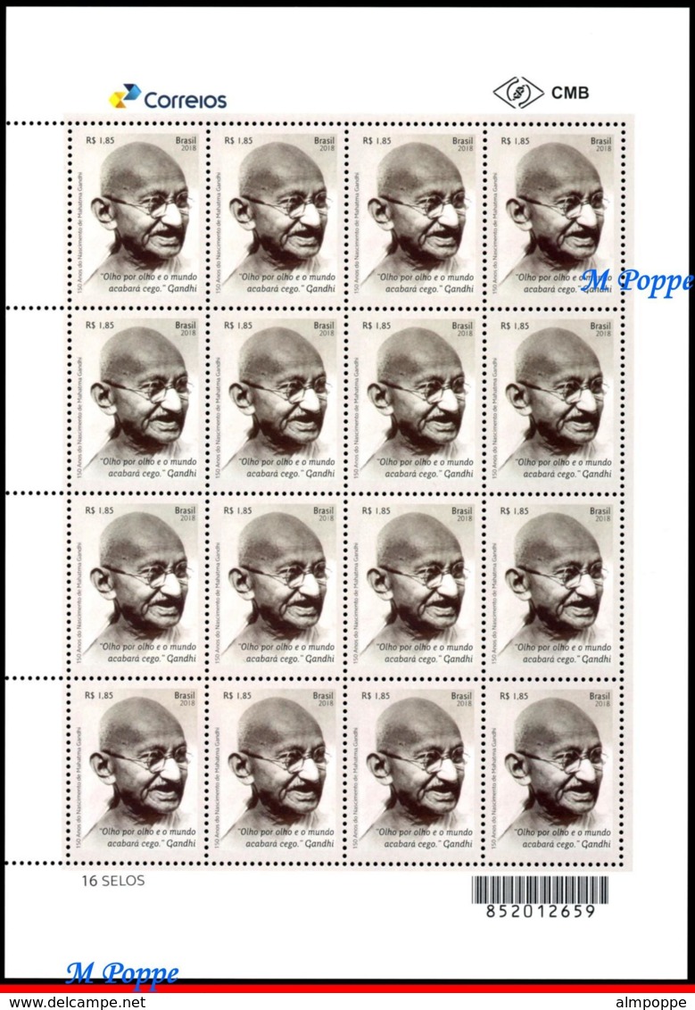 Ref. BR-V2018-072F BRAZIL 2018 FAMOUS PEOPLE, 150 YEARS OF MAHATMA, GANDHI BIRTH, SHEET MNH 16V - Mahatma Gandhi