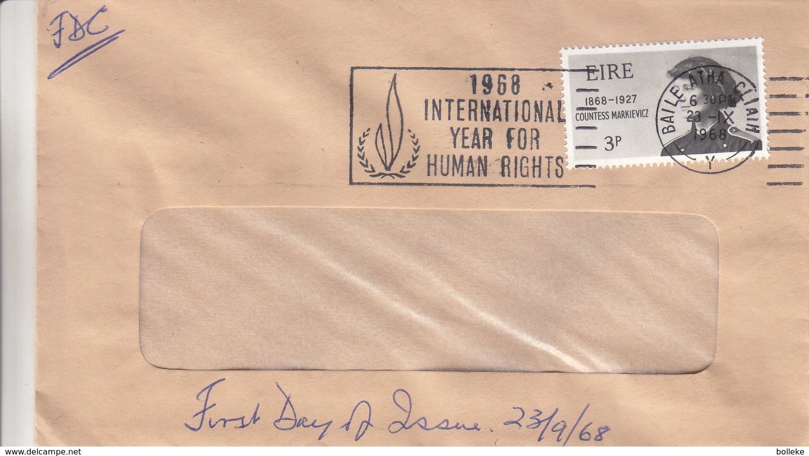 Irlande - Lettre De 1968 - Oblit 1er Jour Baile Atha Cliath - Droits De L'Homme - Cartas & Documentos