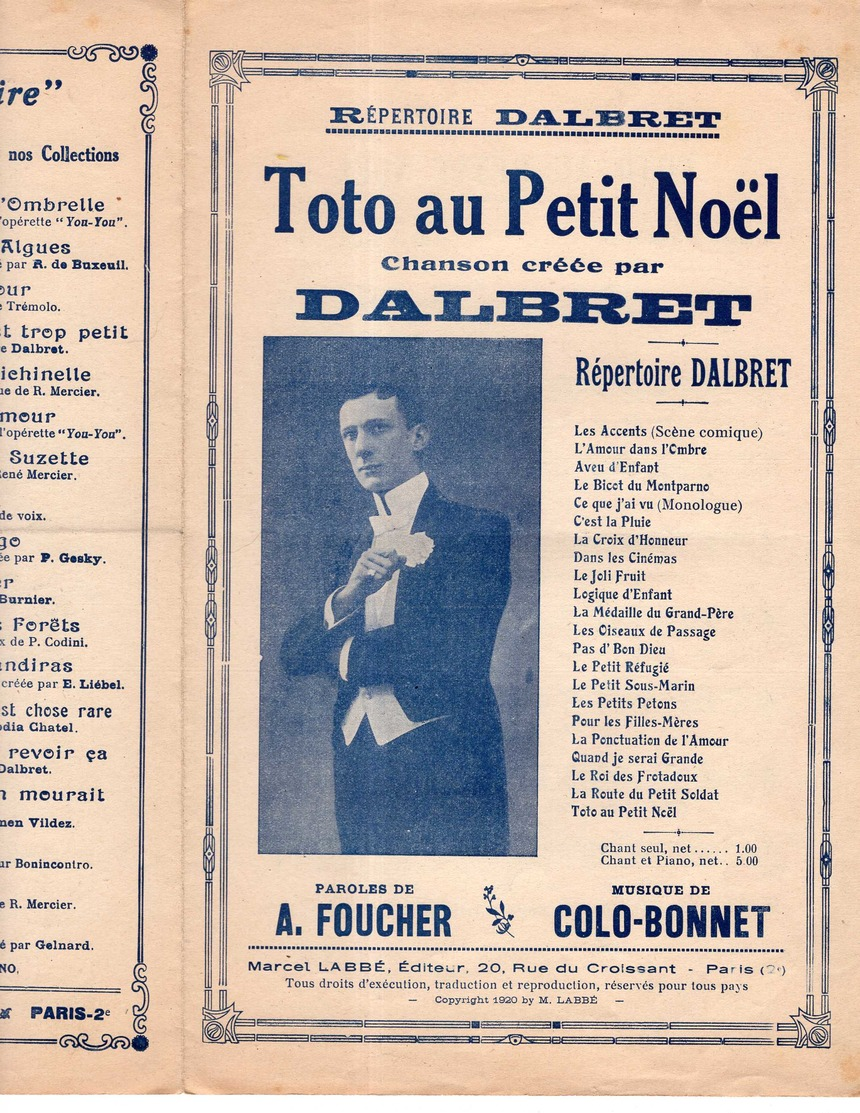 CAF CONC RÉALISTE DALBRET PARTITION TOTO AU PETIT NOËL ARMAND FOUCHER COLO-BONNET 1907-1920 - Autres & Non Classés