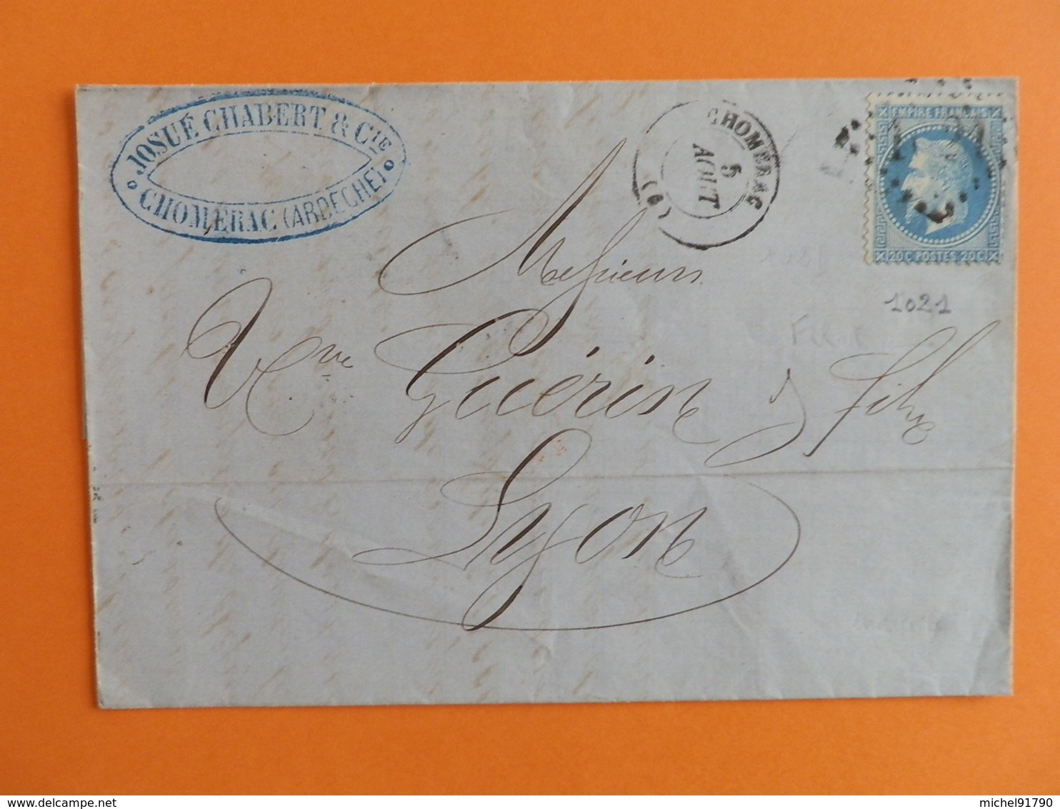 EMPIRE LAURE 29 SUR LETTRE DE CHOMERAC A LYON DU 5 AOUT 1868 (GROS CHIFFRE 1021) - 1849-1876: Période Classique