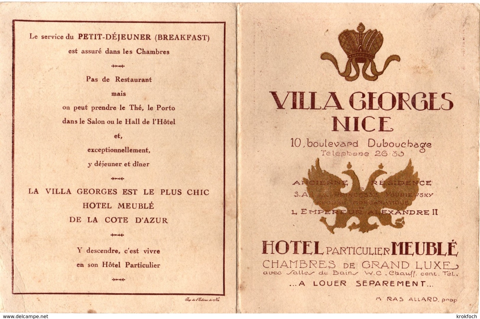 Villa Georges Nice - Hotel Meublé - Bristol Ouvrant - Fermé : 16 Cm X 12,5 - Ancienne Résidence épouse Tsar Alexandre II - Werbung