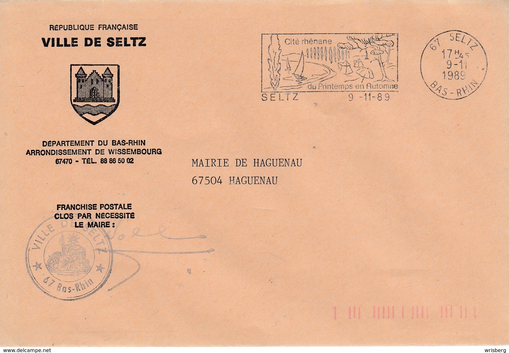 Env En Franchise Obl OMEC SELTZ Du 9.11.1989 Adressée à Haguenau - Lettres & Documents