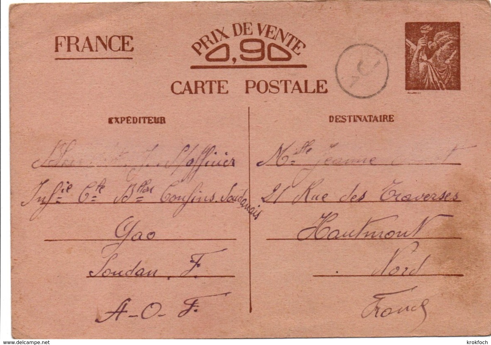 Iris Interzones 1941 - De Gao Soudan - Marque De Censure Mais Pas De Cachet à Date Hélas - Batailllon Confins Soudanais - Cartes Postales Types Et TSC (avant 1995)