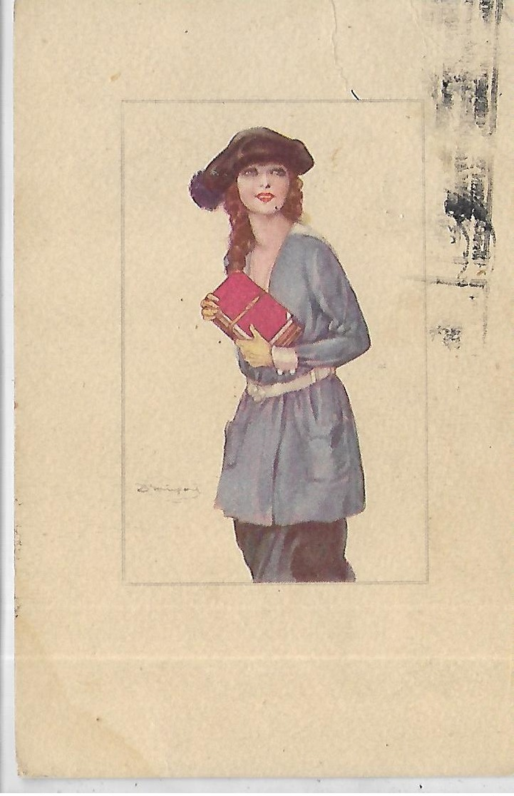 Thème, Illustrateurs Signés,BOMPARD, Jeune Fille Avec Livres , Couleurs,Scan Recto Verso - Bompard, S.