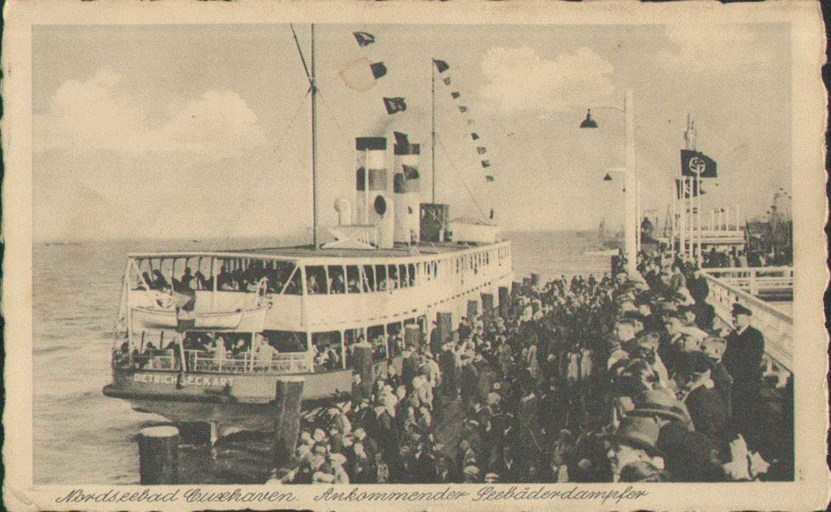 Nordseebad Cuxhaven, Seebäderdampfer, Flaggenschmuck, Postkarte, Drittes Reich, Deutsches Reich - Weltkrieg 1939-45