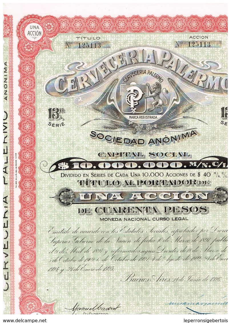 Titre Ancien - Cerveceria Palermo Sociedad Anónima - Titulo De 1926 - N°125113 - Industrie