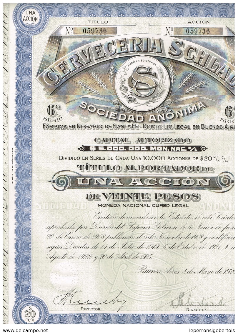 Titre Ancien - Cerveceria Palermo Sociedad Anónima - Titulo De 1926 - N°059737 - Industrie