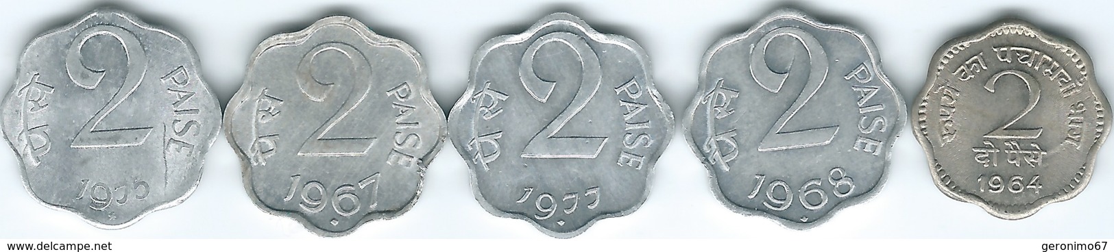 India - 2 Paise - 1964 (KM12); 1967 - (KM13.1) & 1968  - Bombay (KM13.5) 1975 - Hyderabad (KM13.6) - 1977 - (KM13.4) - India