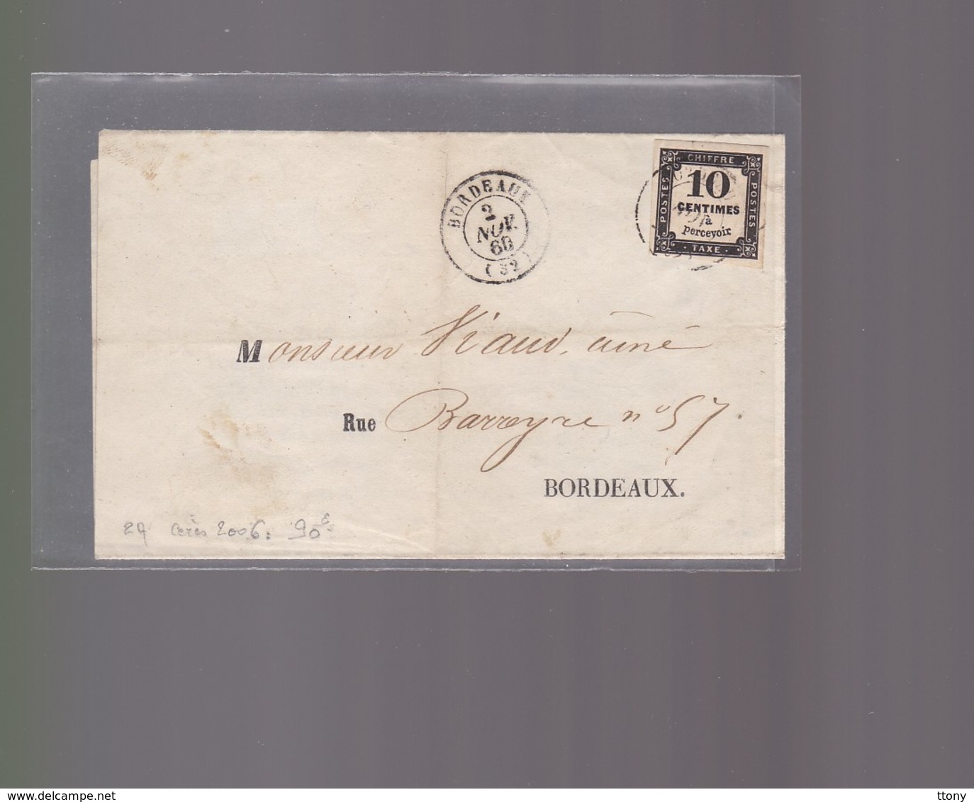Lettre  1860 :   Bordeaux   Avec Timbre Taxe 10 Centimes à Percevoir Offre Pour ( Julienbaille) - 1849-1876: Classic Period