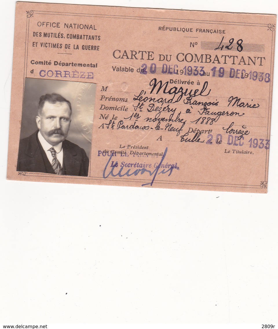 Carte D'ancien Combattant 1938 - Non Classés