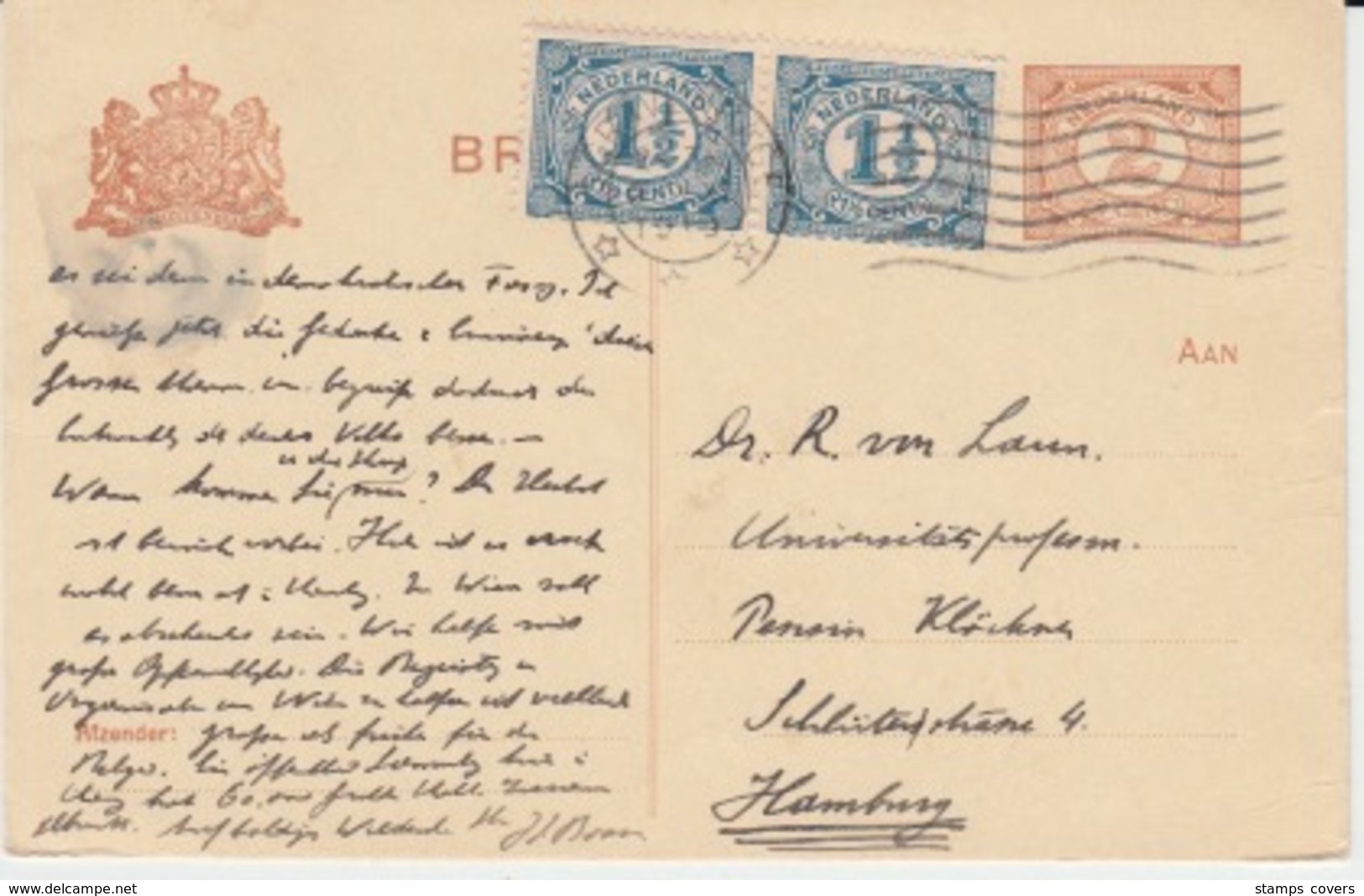 NEDERLAND BRIEFKAART 9 NOVEMBER 1919 GRAVENHAGE HAMBURG - Entiers Postaux