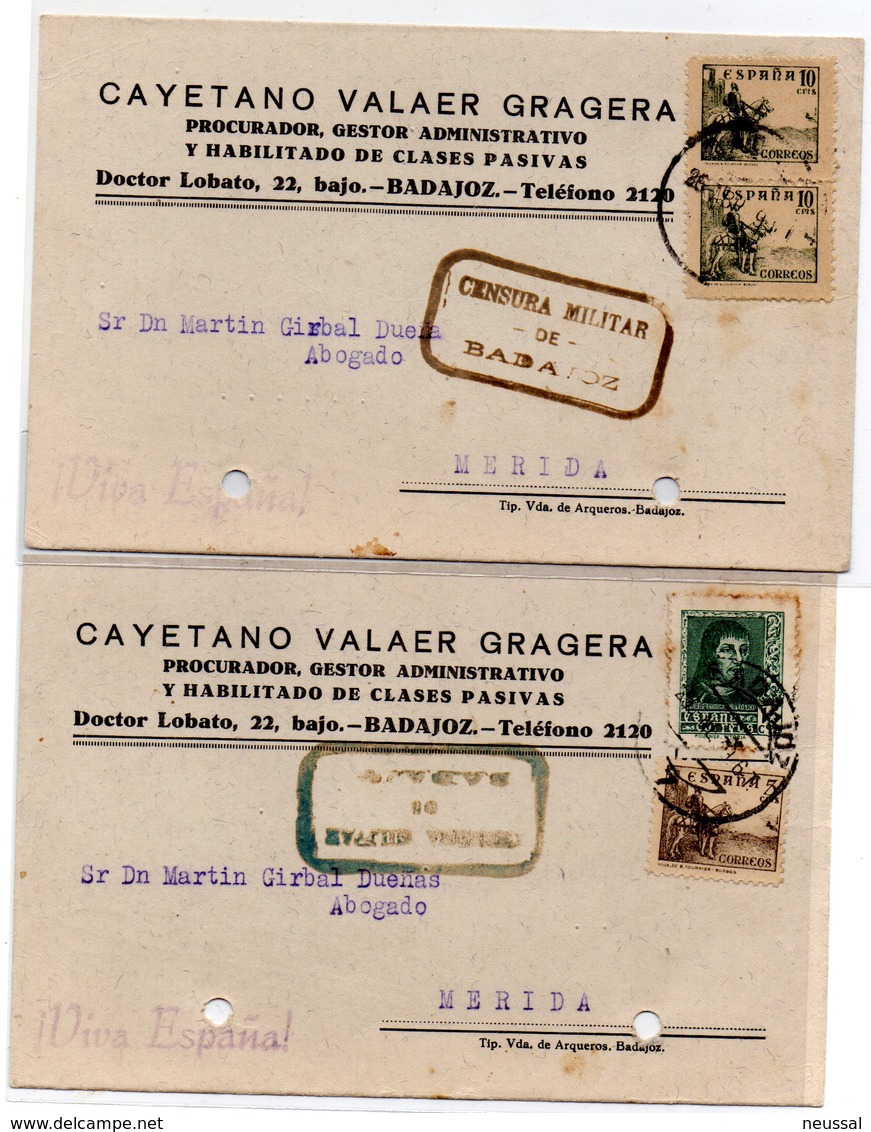 2 Tarjetas Postales Con Censura Militar De Badajoz 1939 - Brieven En Documenten