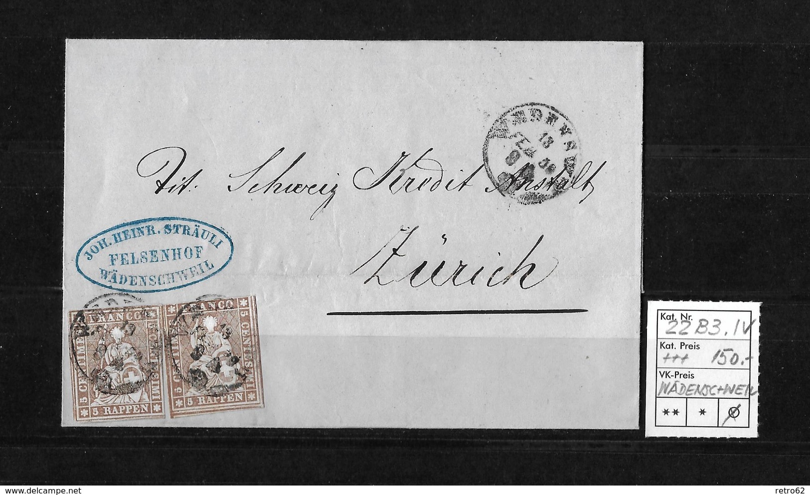 1854-1862 Helvetia (Ungezähnt) Strubel → 1859 Brief WÄDENSCHWEIL Nach Zürich   ►SBK-22B3.IV◄ - Lettres & Documents