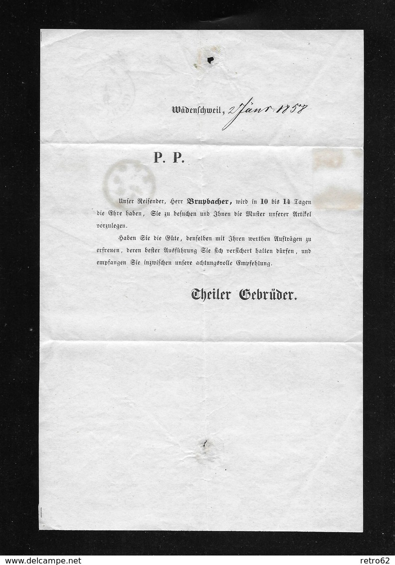 1854-1862 Helvetia (Ungezähnt) Strubel → 1858 Brief Wädenschweil Via ZUG, BECKENRIED Nach Kerns  ►SBK-22B3.IV◄ - Lettres & Documents
