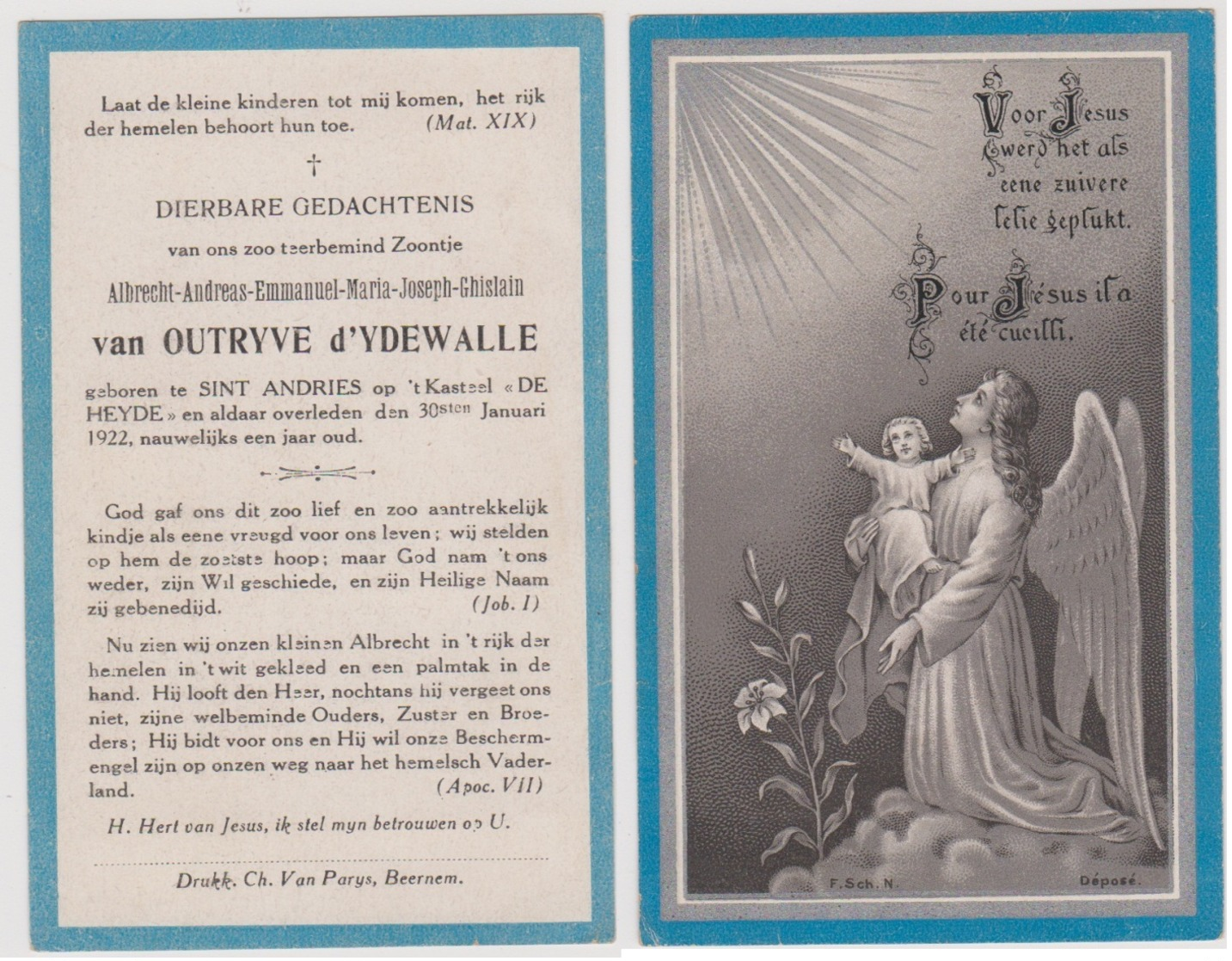 R.I.P. - Noblesse - Van OUTRYVE D'YDEWALLE - 1921 Sint Andries Kasteel DE HEYDE †  1922 Idem - Images Religieuses