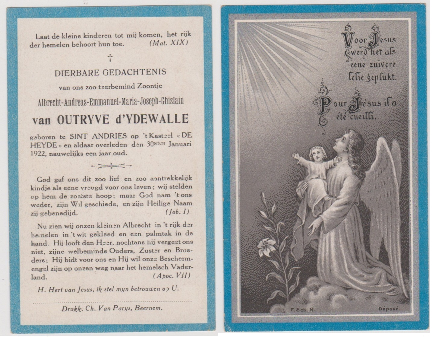 R.I.P. - Noblesse - Van OUTRYVE D'YDEWALLE - 1921 Sint Andries Kasteel DE HEYDE †  1922 Idem - Devotieprenten