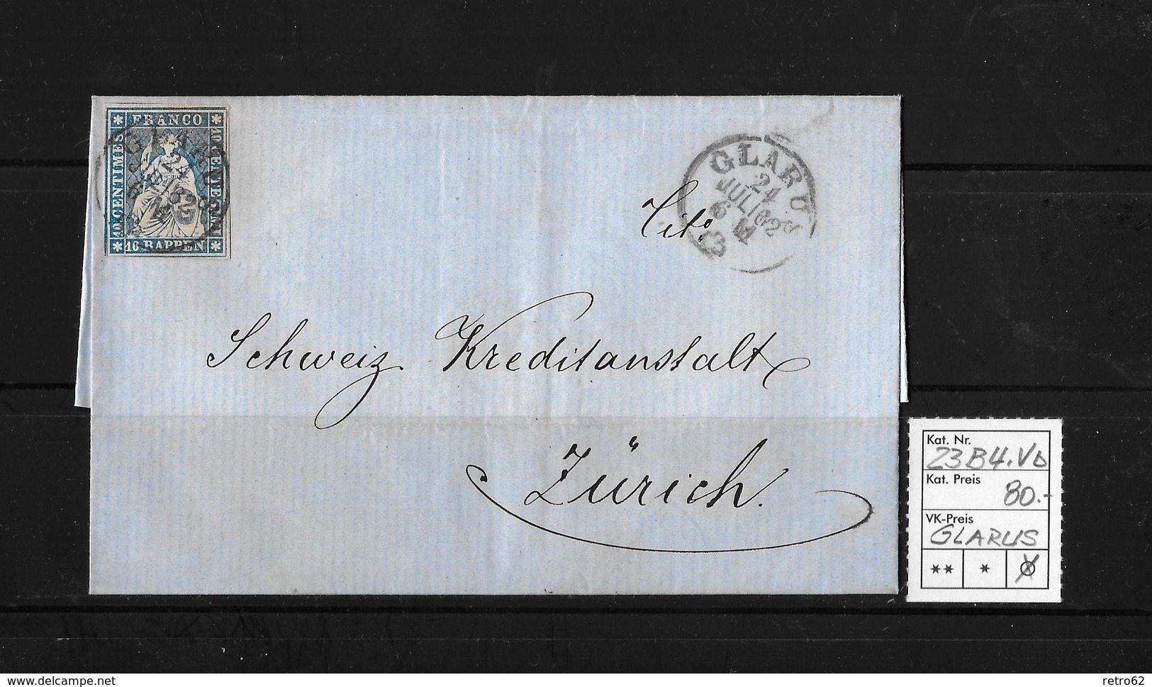 1854-1862 Helvetia (Ungezähnt) Strubel → 1862 Brief GLARUS Nach ZÜRICH  ►SBK-23B4.Vb◄ - Lettres & Documents