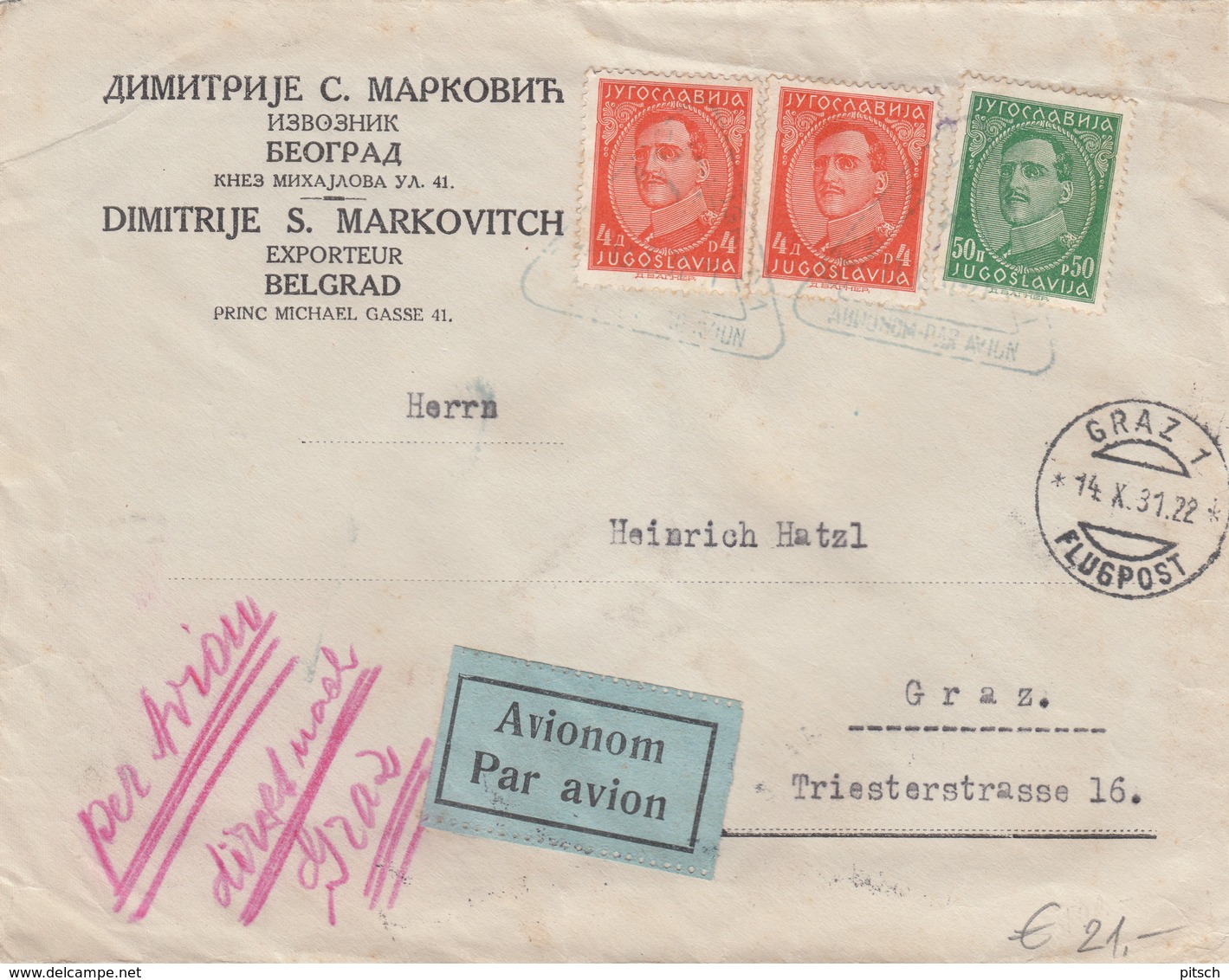 Austria - 1931 Airmail Beograd To Graz - Covers & Documents