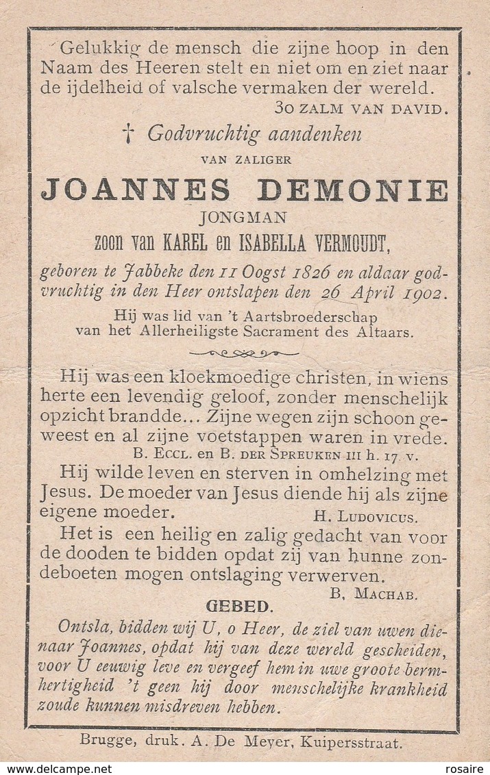 Joannes Demonie-jabbeke 1826-1902-vouw - Images Religieuses