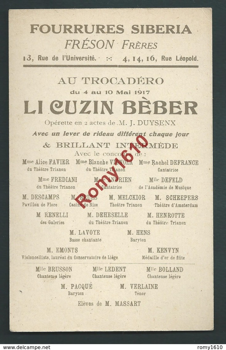 Liège. Le Trocadéro  1917. LI COUZIN BEBER. Opérette. Illustration Signée C. Hustin. Litho La Meuse. Rare!   2 Scans. - Liège