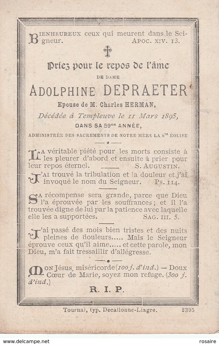 Adolphine Depraeter-templeuve 1895 - Images Religieuses