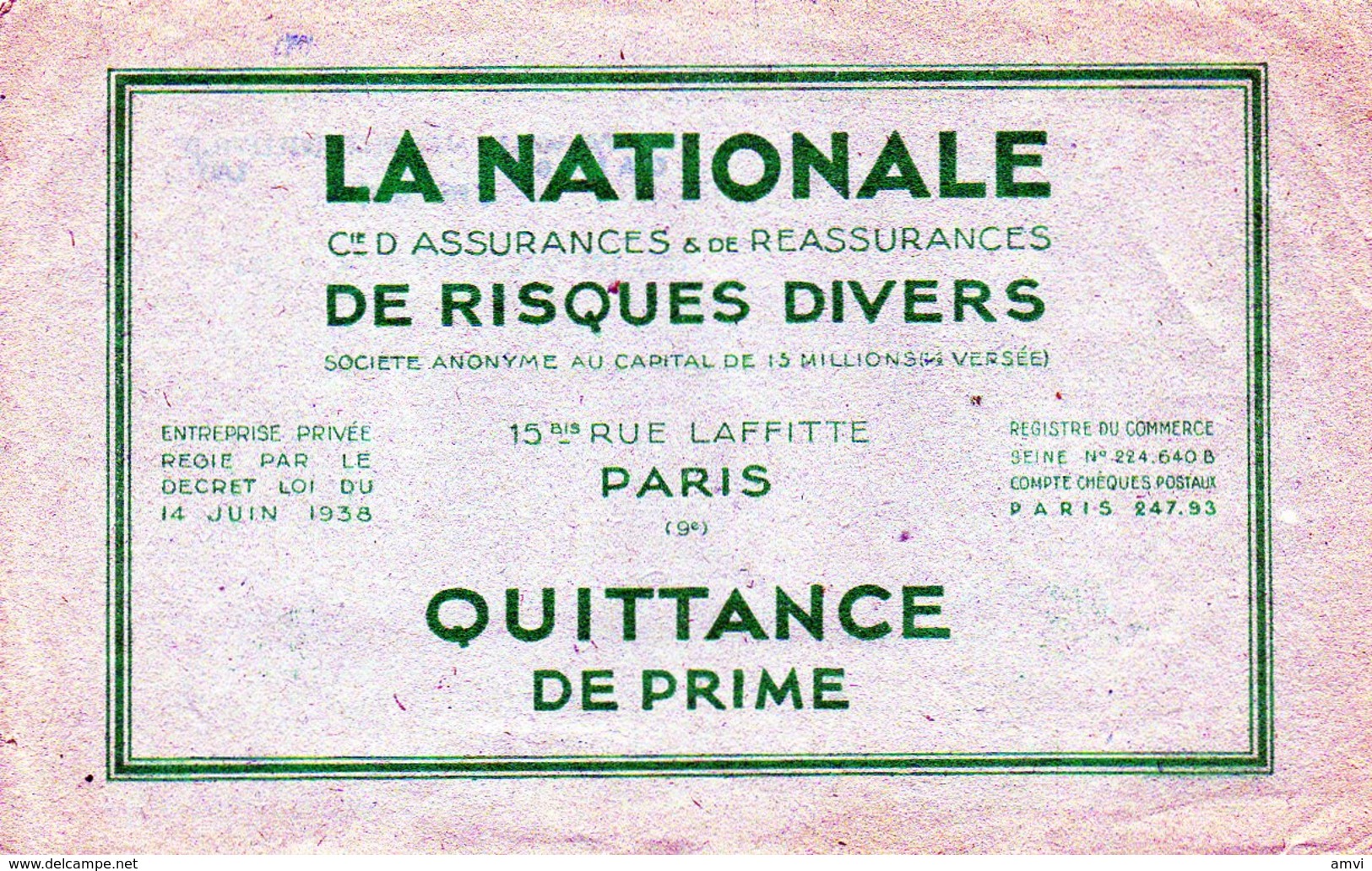 B02 -   La Nationale Quittance De Prime 1945 - Bank & Versicherung