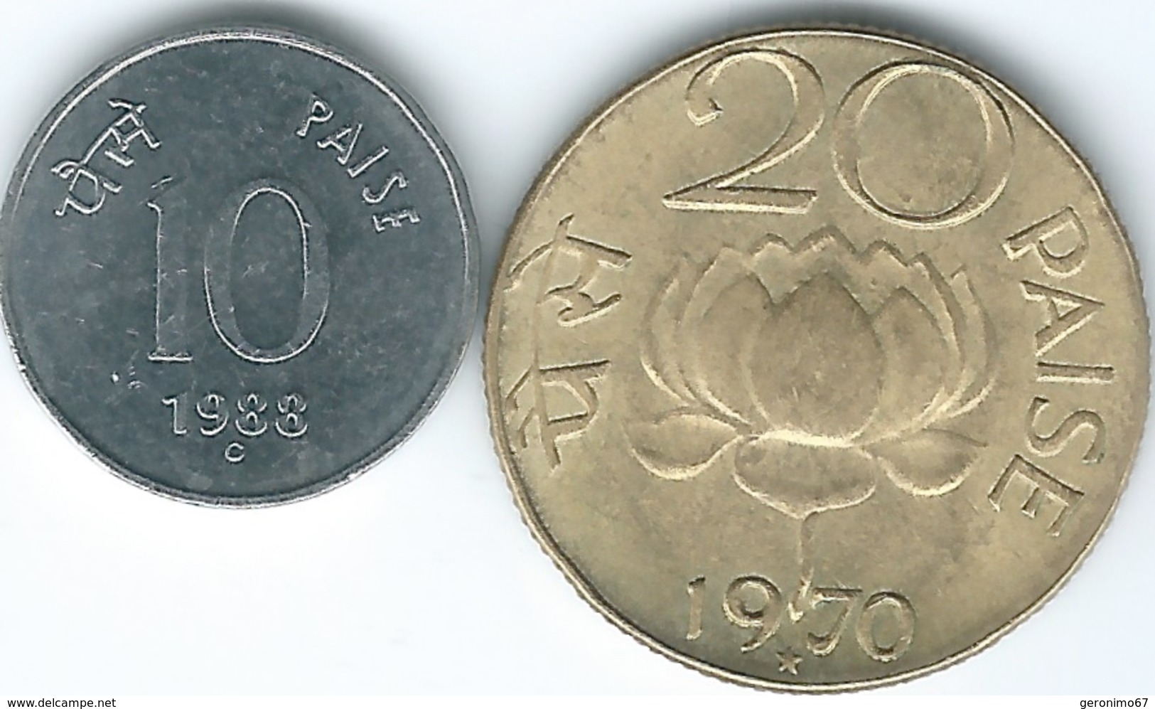 India - 10 Paise - 1980 - Ottawa Mint (KM40.1) & 20 Paise - 1970 - Hyderabad Mint (KM41) - India