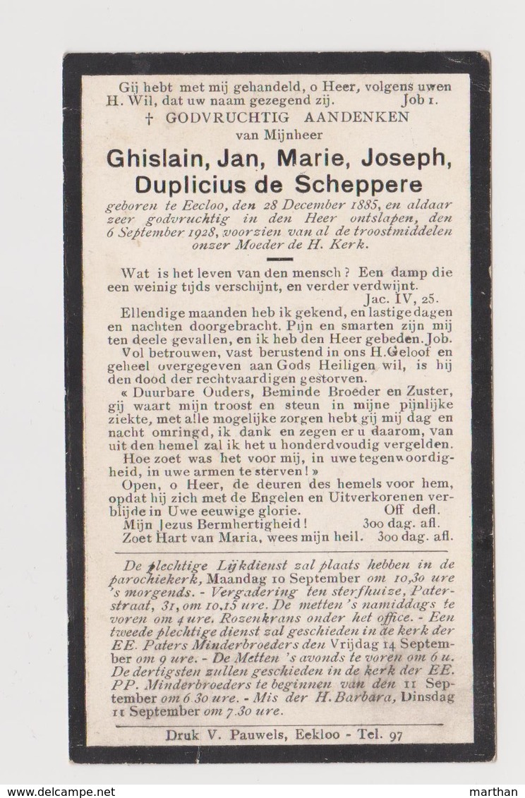 DOODSPRENTJE GHISLAIN DUPLICIUS De SCHEPPERE EEKLO (1885 - 1928) - Images Religieuses