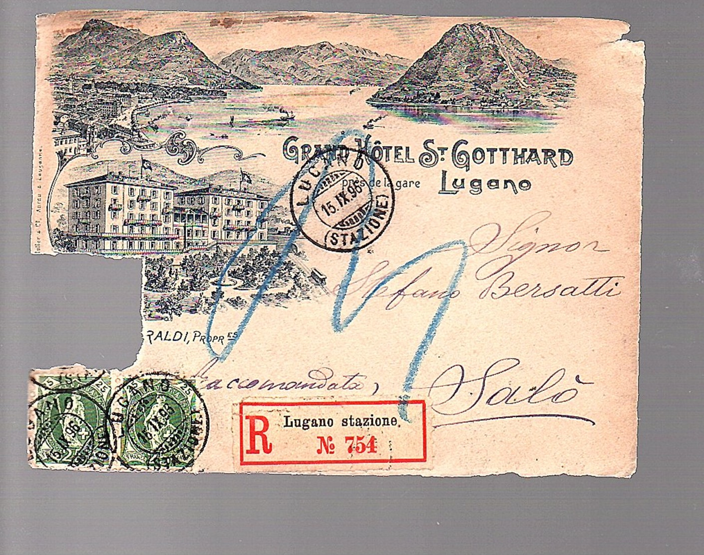 1896 Grand Hôtel St. Gotthaard R-Lugano Stazione > Salo Stefano Bersatti, Front Only (529) - Storia Postale