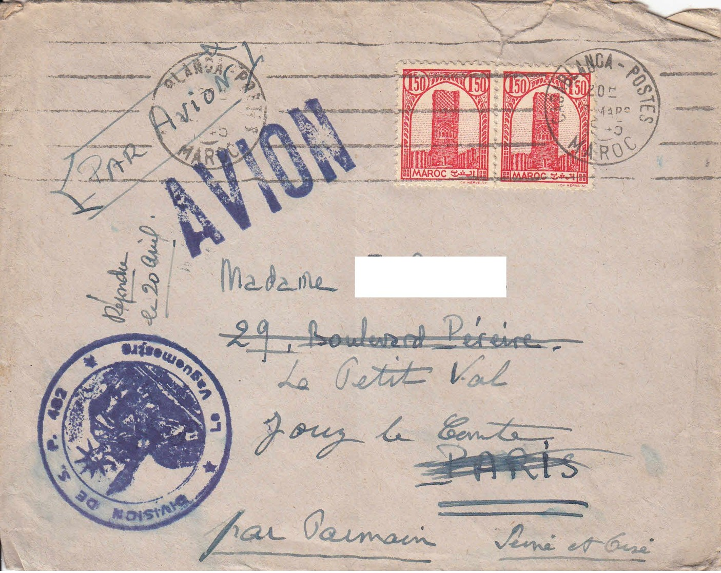 MAROC - 1945 - Lettre  Militaire Par Avion Pour La France - SP 402 - Lettres & Documents