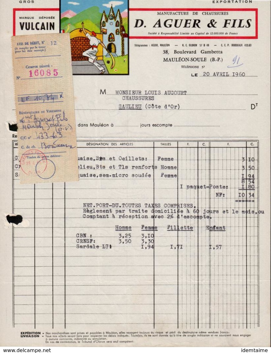 FACTURE D. AUGUER ET FILS - MANUFACTURE DE CHAUSSURES - MAULEON SOULE - AUCOURT - SAULIEU - 20 AVRIL 1960 - 1950 - ...