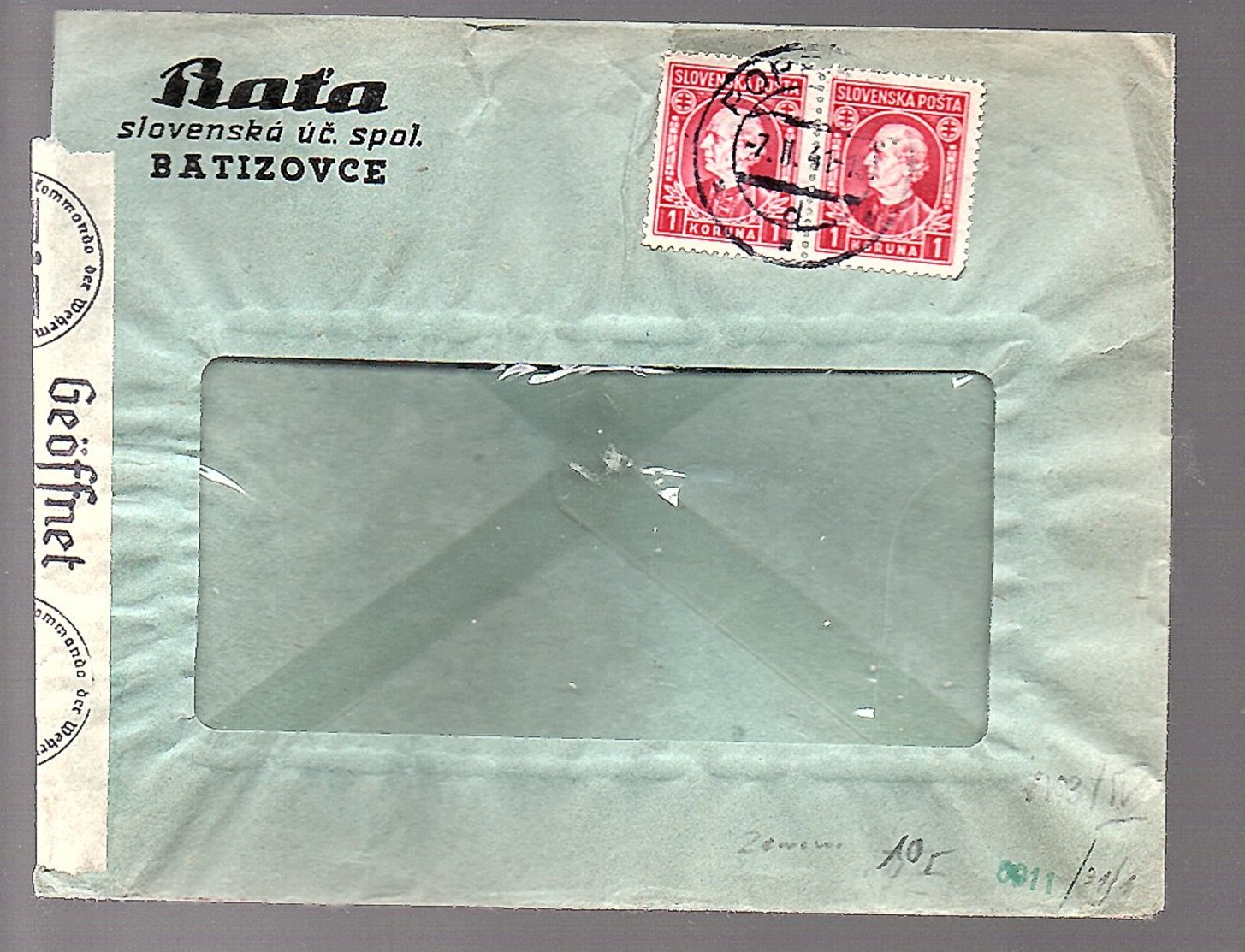 Nazi Censor 1941 Bata Shoe Factory Batiozovce (SL-3) - Slowenien