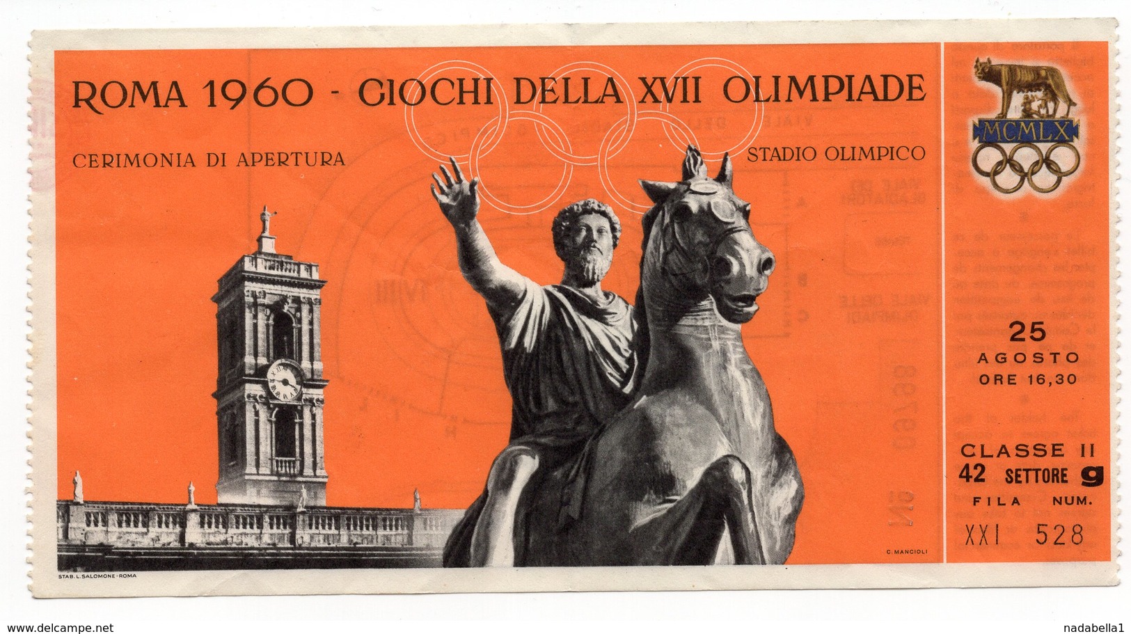 1960 SUMMER OLYMPIC GAMES, ROME, ITALY, TICKET FOR OPENING CEREMONY AT OLYMPIC STADIUM, USED - Toegangskaarten