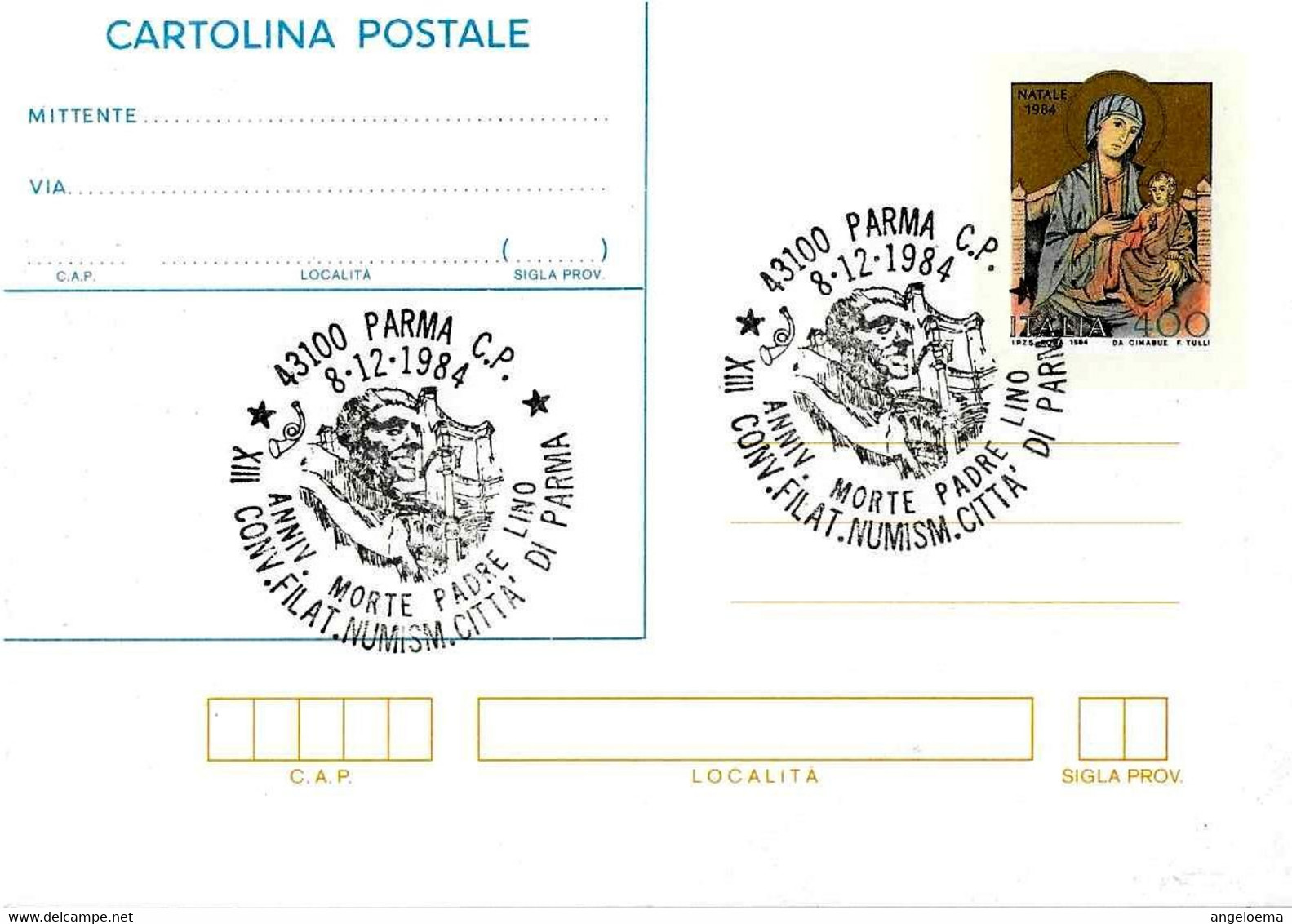 ITALIA - 1984 PARMA XIII Convegno Fil. - 60° Anniv. Morte Di Padre LINO Su Cartolina Postale CP Natale (CIMABUE) - 2160 - Entiers Postaux