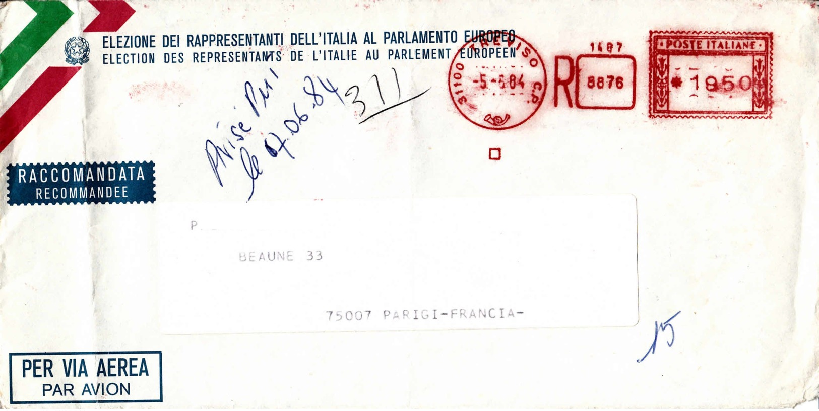 ITALIE - 1984 - Lettre Recommandée Par Avion Pour La France - Election Du Parlement Européen - 1981-90: Marcophilie