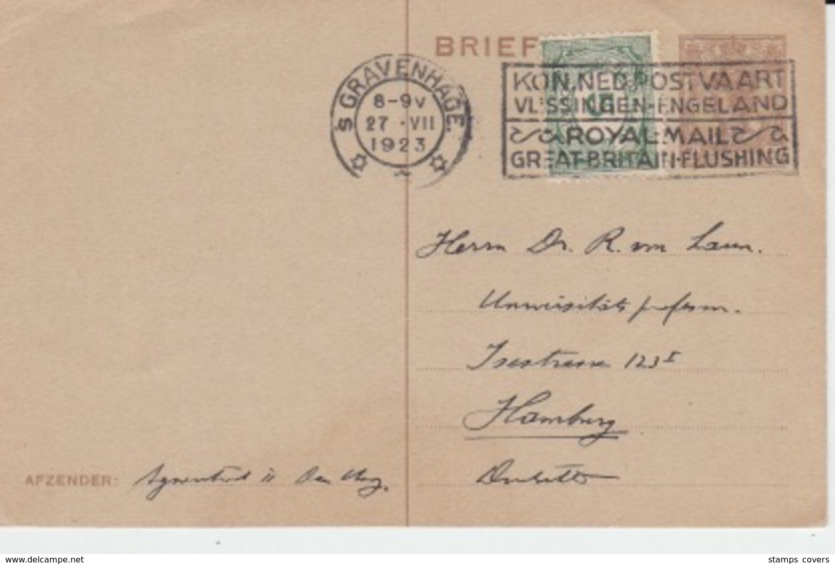 NEDERLAND BRIEFKAARTE 27 AUGUST 1923 GRANVENHAGE HAMBURG - Entiers Postaux