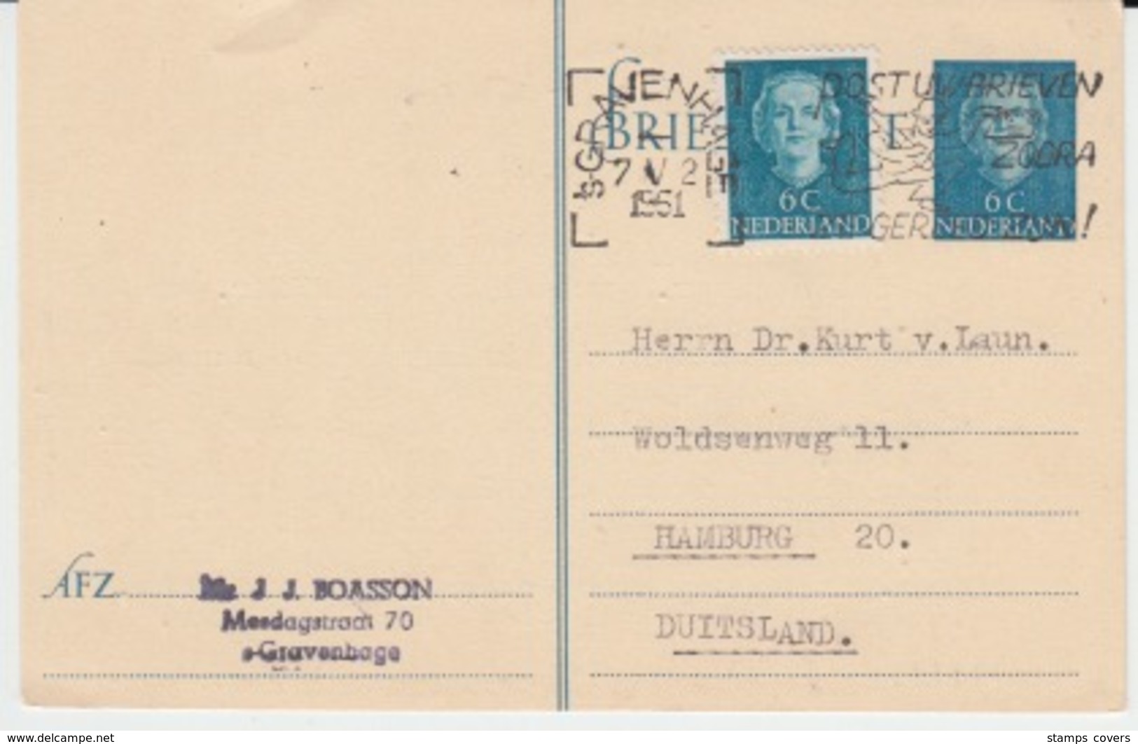 NEDERLAND BRIEFKAARTE 5 MAY 1951 GRAVENHAGE HAMBURG - Entiers Postaux