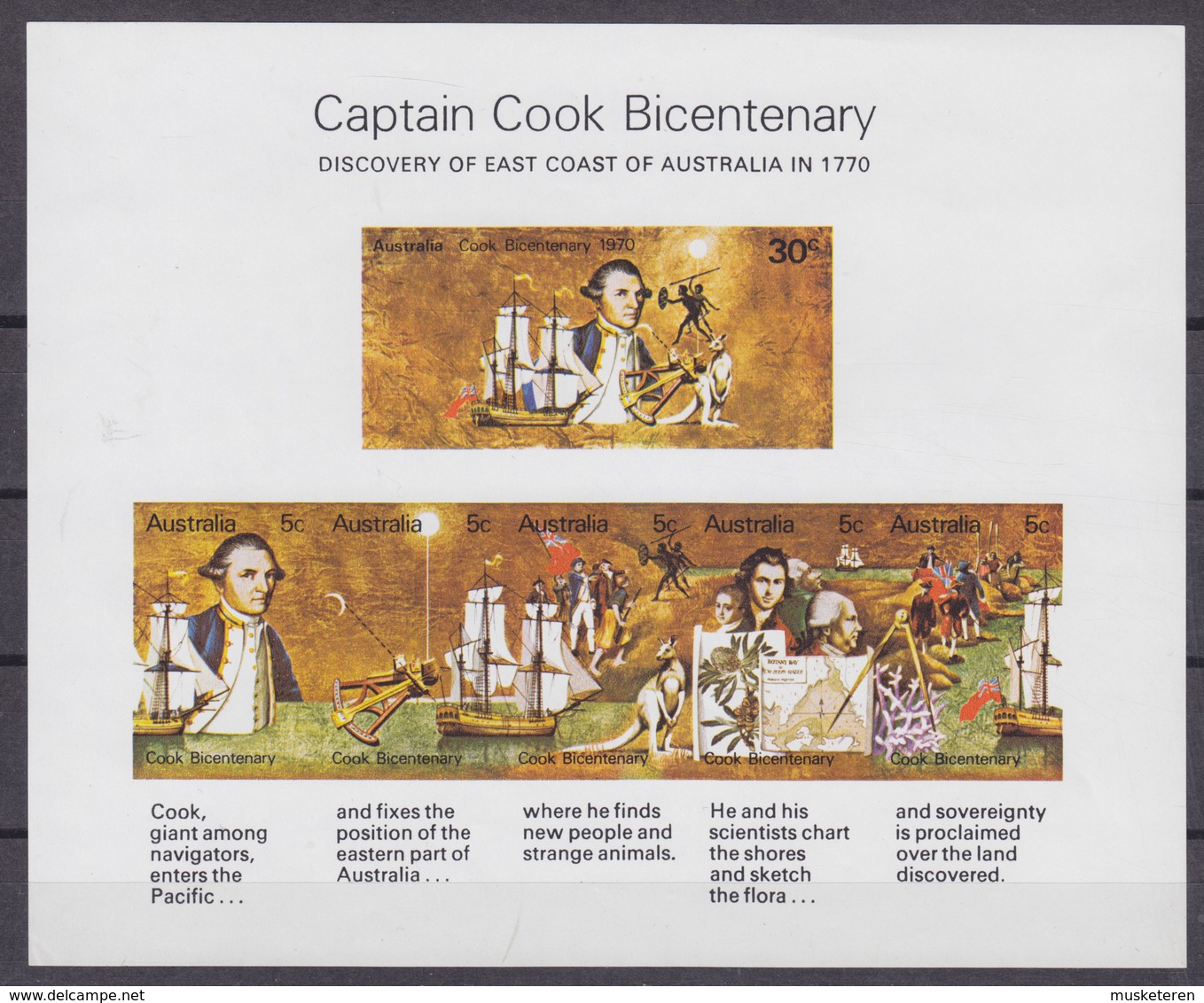 Australia 1970 Mi. Block 1 Miniature Sheet Imperf. Captain Cook Bicentenary Discovery Of East Coast Of Australia MNH** - Blocks & Kleinbögen